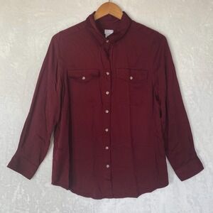 CHICOS Burgundy Button Up Shirt Women Size 1 Long Sleeve Chest‎ Pocket